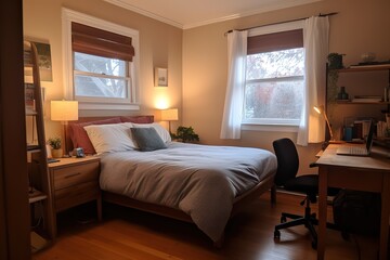 modern cozy soft interior design of a room with a bedroom and a home office. Generative AI