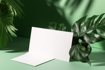 White Blank Empty Business Card Mockup In Plant Leaves. Generative Ai
