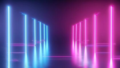 Neon lights extravaganza Abstract 3D render, pink and blue lines, ultraviolet glow, cyber space