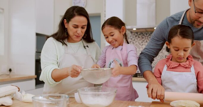 Kitchen, flour and happy family kids baking dessert, food or prepare recipe ingredients with support help from Brazil parents. Teach, chef and home father, mother and children learning cooking skills