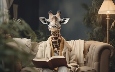 A giraffe is reading a book on a sofa. AI - obrazy, fototapety, plakaty