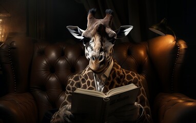 A giraffe is reading a book on a sofa. AI