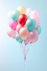 close up of colorful balloons flying in the air, levitation,rainbow palete pastel background for...