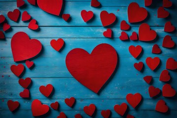 red and wooden hearts on a wooden background