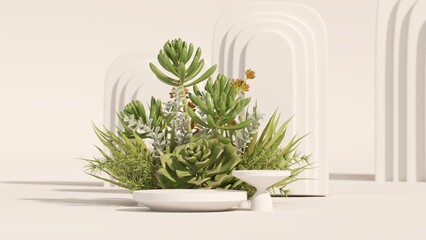 Stone podium, cosmetic display stand with nature leaves on white background. Succulents and cactus with stone podiums. Mock up for the exhibitions, presentation, therapy and health. 3d render.	
