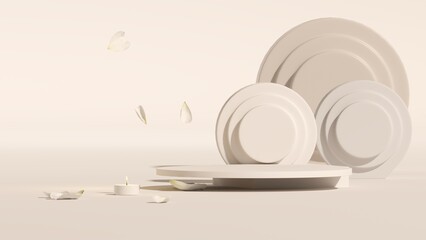 3D podium display, pastel beige background with rose flowers. Peonies flower and palm leaf shadow. Minimal pedestal for beauty, cosmetic product. Valentine, feminine copy space template 3d render	