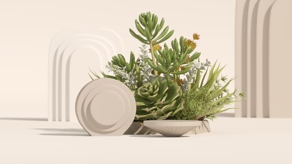 Stone podium, cosmetic display stand with nature leaves on white background. Succulents and cactus with stone podiums. Mock up for the exhibitions, presentation, therapy and health. 3d render.	