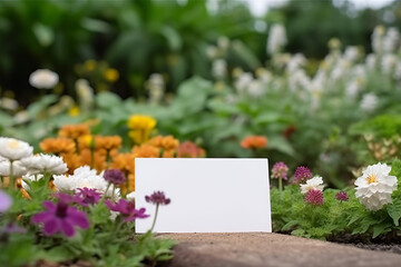 Fototapeta na wymiar White Blank Empty Business Card Mockup In Garden Flowers, Generative Ai