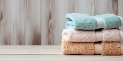 Fototapeta na wymiar Stack of bath towels on light wooden background. Generative AI image