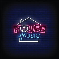 Neon Sign house music with brick wall background vector