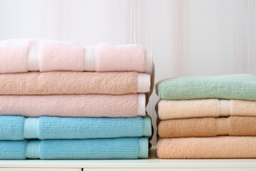 Obraz na płótnie Canvas Stack of bath towels on light wooden background. Generative AI image