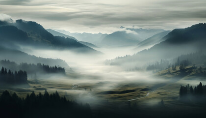 Fototapeta premium Dramatic fog landscape in the mountains. Gloomy atmosphere. 
