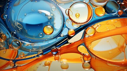 Abstract background of yellow and blue bubbles of oil in liquid. Generative AI.