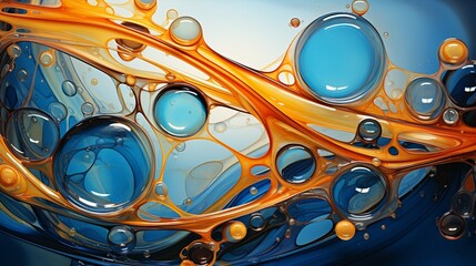Abstract background of yellow and blue bubbles of oil in liquid. Generative AI.