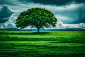 Fototapeta na wymiar green tree on the green field under the blue clouds Created using generative AI tools