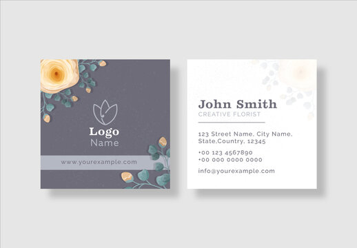Front and Back View of Creative Florist Business Card Design in Square Shape.