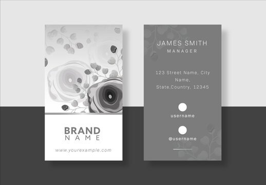 Floral Business Card, Vertical Template with Double-Side in Gray and White Color.