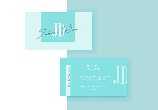 Front and Back View of Simple Business Card Template in Turquoise Color.