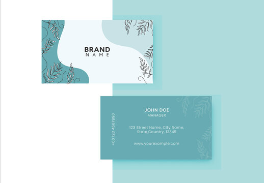 Blue Color Creative Business Card Template Decorated with Leaves in Front and Back View.