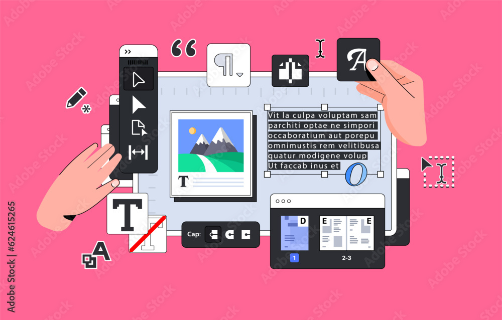 Aufkleber typographic design layout vector illustration with hands. tools for page layout and publishing. vect