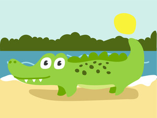 Illustration of a cartoon crocodile walking on the shore. An illustration with a funny crocodile. The crocodile is at his usual place of residence. Children's, printing for children's books