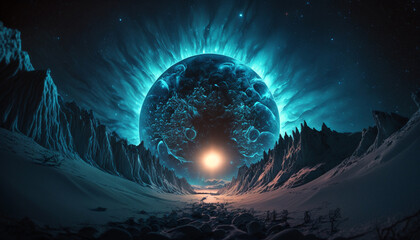 Fototapeta premium Universe expansion from far planet grounds, illustration, landscape wallpaper