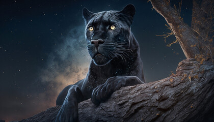 Black Panther chilling on a rock, landscape, illustration