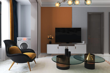 TV, Master Color Wall Paint, Comfortable Arm Chairs, Balck Stylish Center Table in an Elegant Living Room