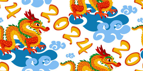 A pattern with orange Chinese dragons on clouds and with the numbers 2024. Hand-drawn. Abstract art print. Wallpaper, fabric design, fabric, napkin, textile design template, background. Mythological