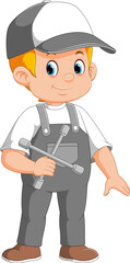 Cartoon car mechanic man carrying a spanner