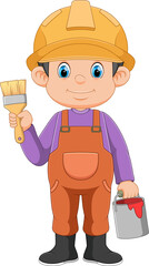 A painter decorator construction handyman cartoon man holding a paintbrush brush