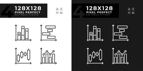 Stock market linear icons set for dark, light mode. Money charts. Investment strategy. Financial data. Trading company. Thin line symbols for night, day theme. Isolated illustrations. Editable stroke