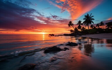 Fototapeta na wymiar A sunset on a tropical beach with palm trees. AI