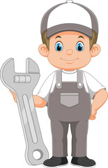 A young mechanic holding huge wrench cartoon character