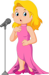 Beautiful woman performing with microphone. Woman singer in evening dress singing song cartoon