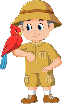 A zookeeper playing with bird isolated on white background