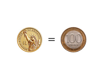 A coin with a face value of 1 dollar is equal to a coin with a face value of 100 Russian rubles
