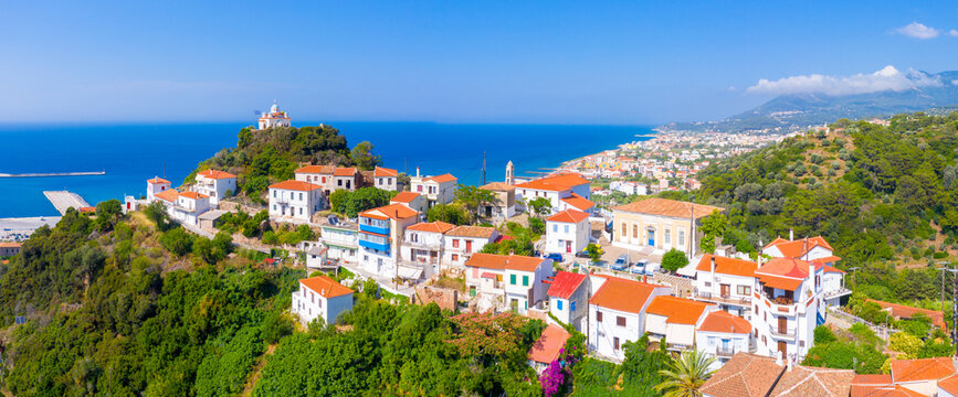 Samos island, Scenic view of Karlovasi coastal town. Eastern aegean Greece