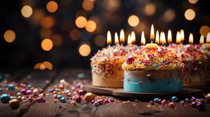 Naklejka na ściany i meble birthday cake with candles. Happy birthday, celebration, greeting card, banner background, colorful birthday cake with many burning candles on wooden table