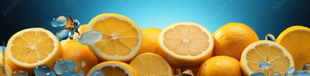Poster a background showing many citrus slices on a blue background