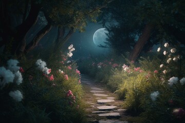 Obraz na płótnie Canvas Enchanting forest path with blooming flowers and moonlight. Generative AI