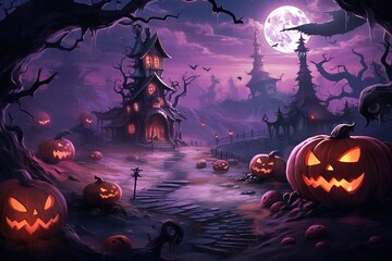 Dark pink and magenta colored cartoon of the moon above a Halloween village with scary pumpkins and trees. Halloween Background. Generative AI
