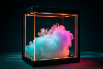 A neon square frame on a cloudy background, featuring smoke and blue/pink glowing clouds. A 3D-rendered abstract background. Generative AI