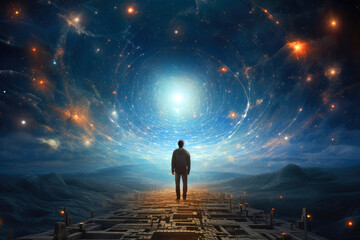 Man walking through the universe. Generative AI - obrazy, fototapety, plakaty