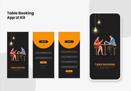 Table Booking Mobile App UI Kit Including as Sign In, Sign Up for Responsive Website.
