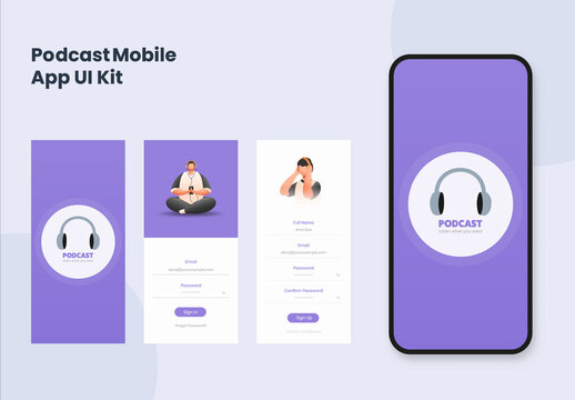 Set of UI, UX, GUI Screens Podcast Mobile App Including Sign In, Create Account, Sign Up for Responsive Website.
