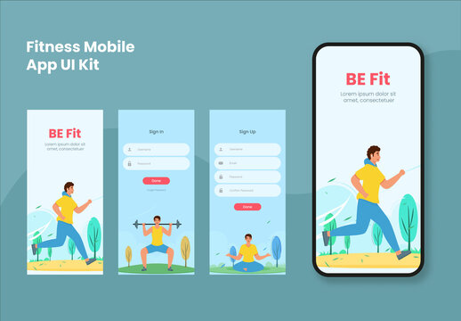Fitness Mobile App UI Kit Including as Login, Sign up Screens or Responsive Websites.
