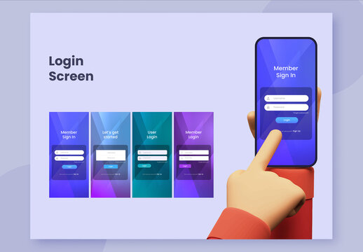 Login Screen App Ui Kit in Multi-colored for Mobile Application and Responsive Websites.