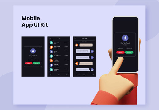Mobile App UI Kit Including as Call Details, Message and Incoming Calls Accept and Reject Button on Screen of Smartphone.
