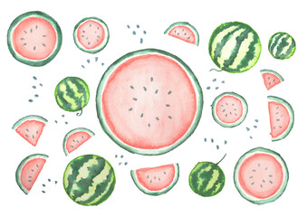 手描き、水彩、スイカ